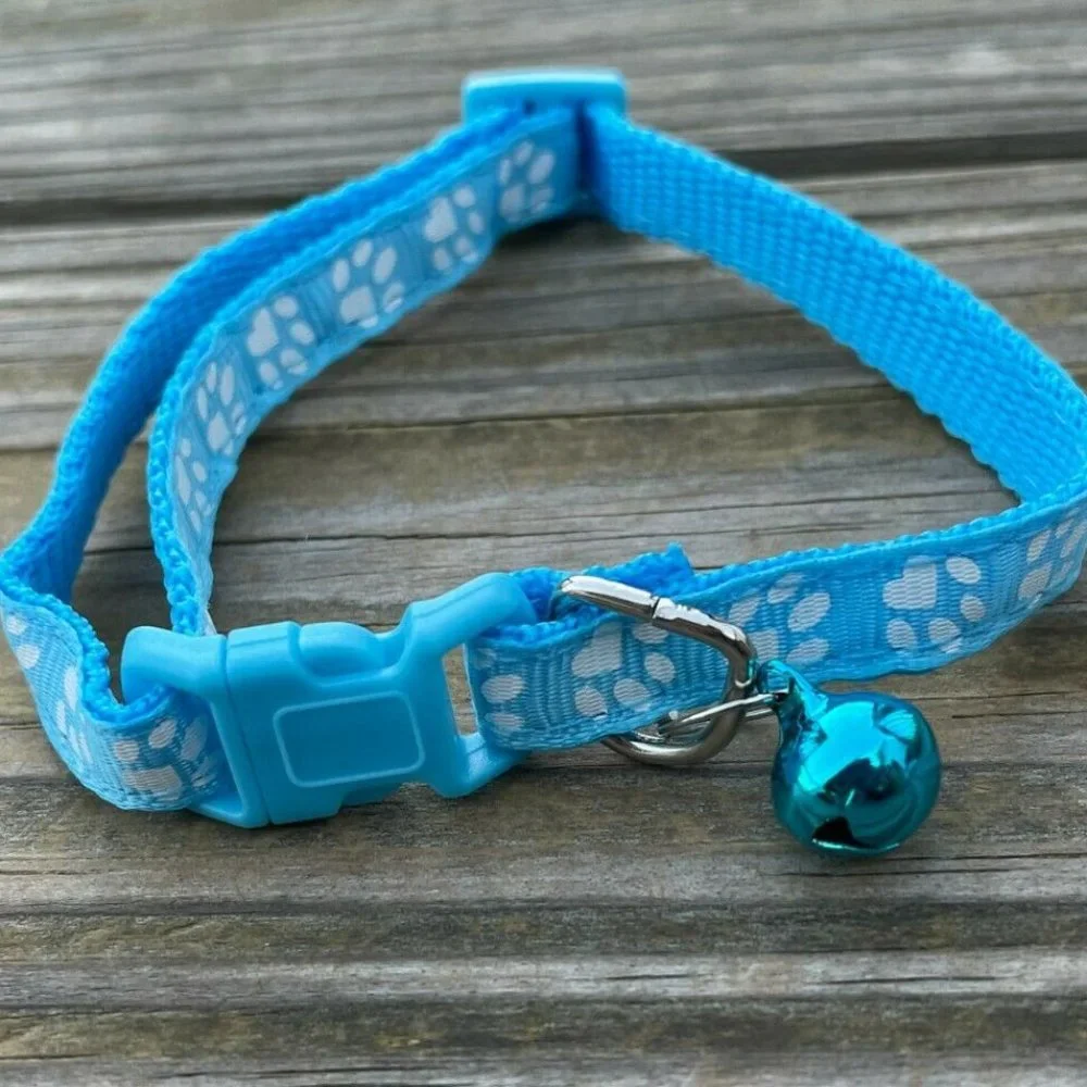 Cat Collar With Bell Adjustable Kitten Puppy Paw Print Blue Collars Adjustable